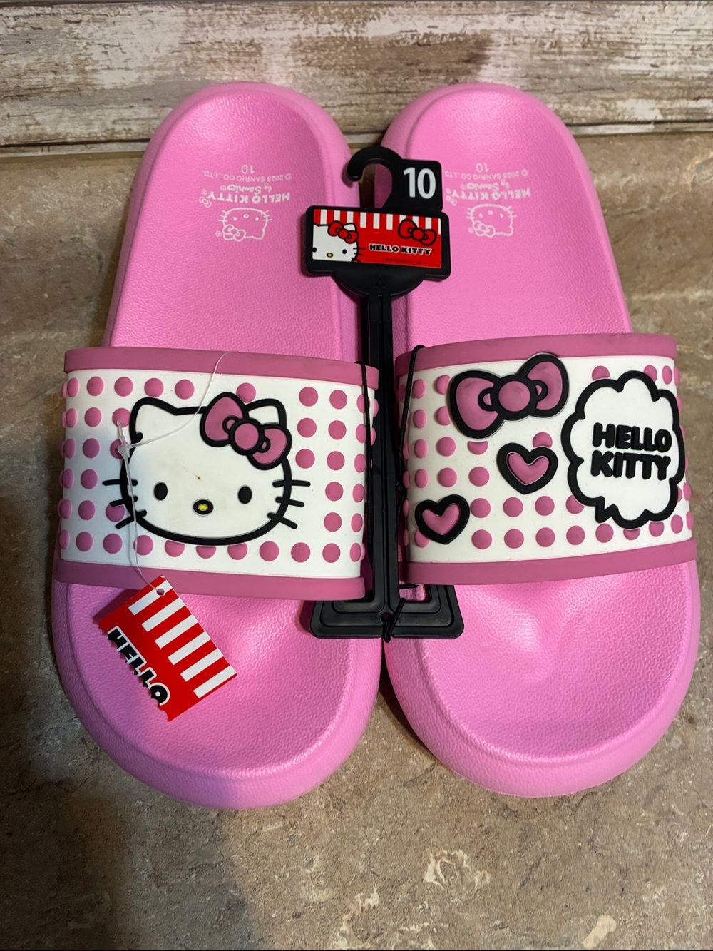 Hello Kitty Size 10 Pink Slide Sandals with Hearts and Bow Accents NWT
